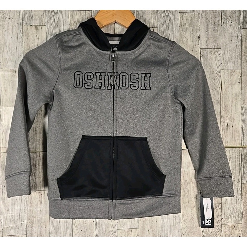 OshKosh Jacket 5T Boys Youth Pockets Hooded Black Gray Full Zip NEW